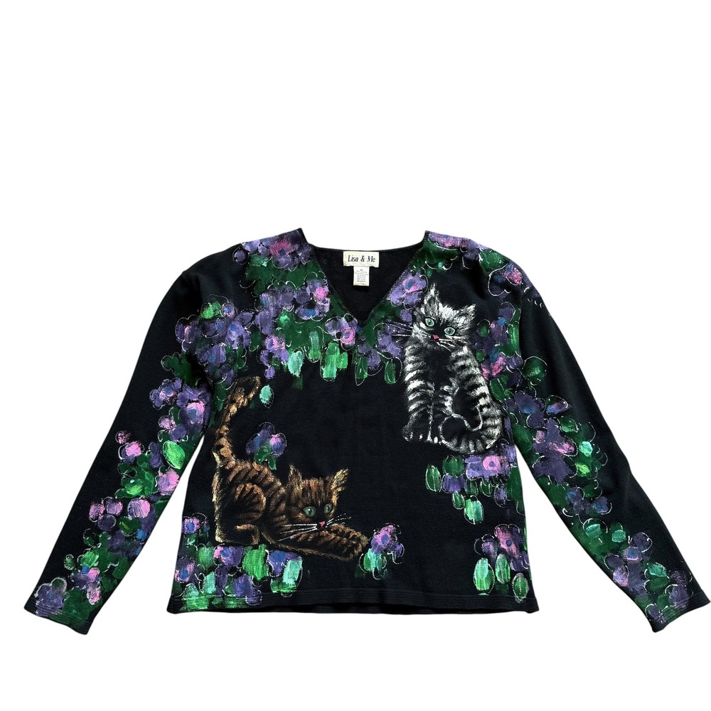 Lisa & Me Womens Black Cotton Hand Painted Cat Kitten Floral Knit‎ Sweater Med